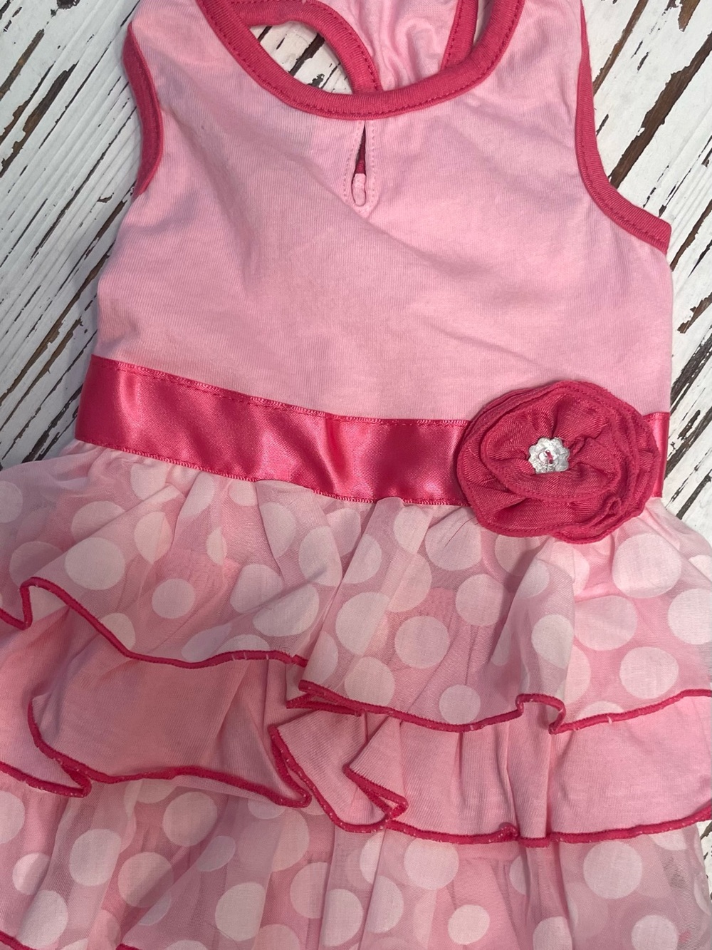 Pink Polka Dot Ruffle Dog Dress with Hot Pink with Flower Waistband Medium